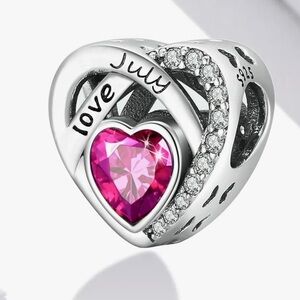Sterling Silver Heart July slide charm with Pink Crystal fits all pandoras